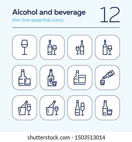 Alcohol and beverage icons. Set of line icons on white background. Glass, bottle, wine. Bar concept. Vector illustration can be used for topics like restaurant, alcohol, party