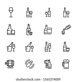 Alcohol and beverage icons. Set of line icons on white background. Glass, bottle, wine. Bar concept. Vector illustration can be used for topics like restaurant, alcohol, party