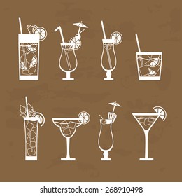 Alcohol  beverage icons set. Vector illustration of cocktails collection: mojito, pina colada, cosmopolitan, margarita, bloody mary, tequila sunrise, caipirinha, mai tai.