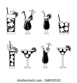 Alcohol  beverage icons set. Vector illustration of cocktails collection: mojito, pina colada, cosmopolitan, margarita, bloody mary, tequila sunrise, caipirinha, mai tai.