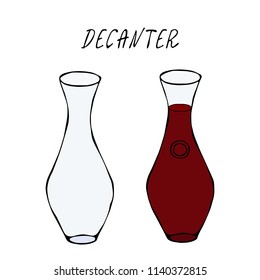 Alcohol Beverage Red Wine in a Decanter. Bar Collection. Realistic Hand Drawn High Quality Vector Illustration. Doodle Style.