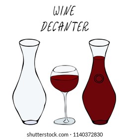 Alcohol Beverage Red Wine in a Decanter and Wine Glass. Bar Collection. Realistic Hand Drawn High Quality Vector Illustration. Doodle Style.