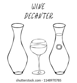 Alcohol Beverage Red Wine in a Decanter and Wine Glass. Bar Collection. Realistic Hand Drawn High Quality Vector Illustration. Doodle Style.