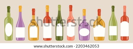 Alcohol beverages bottle different shapes and empty label set. Various types mockup bottles red, white, sparkling wine champagne liquor. Celebration advertisement blank sticker vintage design