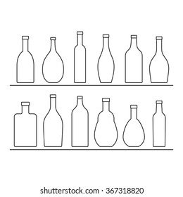 Alcohol beverages, bottles, simple line icons. Vector.