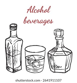 Alcohol beverages concept, glass bottles and drinking glass with ice cubes in black brush stroke texture isolated on white. Hand drawn vector sketch illustration in vintage charcoal ink.