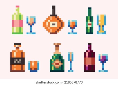 Alcohol beverages pixel art set. Wine, whiskey, beer, rum, champagne bottles and glass collection. 8 bit sprite. Game development, mobile app.  Isolated vector illustration.