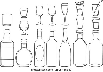 Alcohol beverages, Set of linear hand drawn Sketch Bottles. Collection of different alcohol beverages, Wine glass.