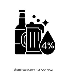 Alcohol black glyph icon. Beverage in bottle. Spirit with alcoholic percent. Beer glass. Drink in mug. Pub menu. Bar product. Silhouette symbol on white space. Vector isolated illustration