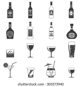 Alcohol black icons set with drink bottles and glass shots isolated vector illustration
