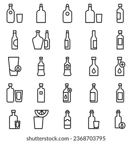 Alcohol bottle. Black line icon set. Different types of alcohol bottles.