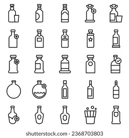 Alcohol bottle. Black line icon set. Different types of alcohol bottles.