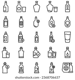 Alcohol bottle. Black line icon set. Different types of alcohol bottles.