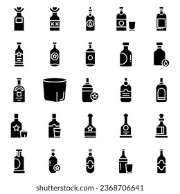 Alcohol bottle. Black line icon set. Different types of alcohol bottles.