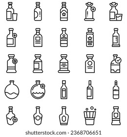 Alcohol bottle. Black line icon set. Different types of alcohol bottles.