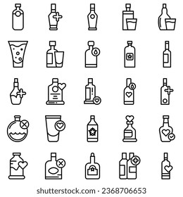 Alcohol bottle. Black line icon set. Different types of alcohol bottles.