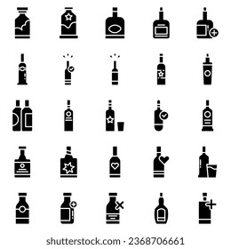 Alcohol bottle. Black line icon set. Different types of alcohol bottles.