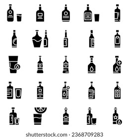 Alcohol bottle. Black line icon set. Different types of alcohol bottles.