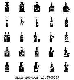 Alcohol bottle. Black line icon set. Different types of alcohol bottles.
