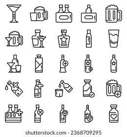 Alcohol bottle. Black line icon set. Different types of alcohol bottles.