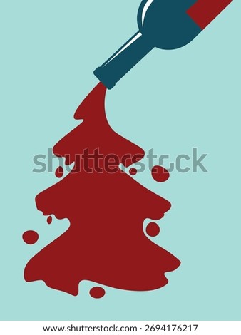 Alcohol bottle, Christmas tree, splashes, New Year's celebration concept, flat design, red wine. Chardonnay, Cabernet, Martini, Champagne, drink party, booze, restaurant banner, alcohol menu