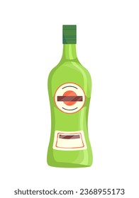 Alcohol bottle concept. Alcoholic drink with badge or label. Green glass with beverage. Sticker for social networks and messengers. Cartoon flat vector illustration isolated on white background