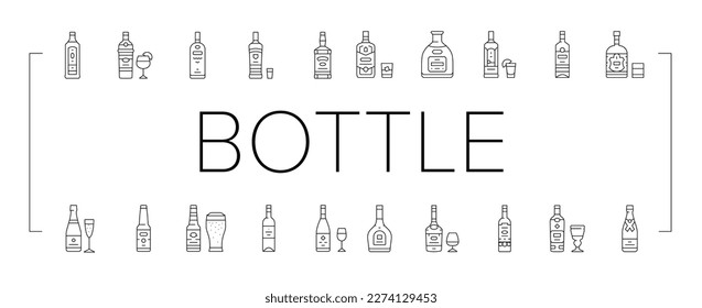 alcohol bottle glass drink bar icons set vector. beverage whiskey, liquor brandy, wine alcoholic, party, champagne restaurant, vodka alcohol bottle glass drink bar black contour illustrations