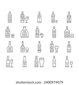 los iconos de la barra de bebidas de la botella de alcohol establecen el vector. whisky de bebida, brandy de licor, alcohólico de vino, fiesta, restaurante de champán, bebida alcohólica de vodka bar de copa ilustraciones de contorno negro