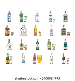 alcohol bottle glass drink bar icons set vector. beverage whiskey, liquor brandy, wine alcoholic, party, champagne restaurant, vodka alcohol bottle glass drink bar color line illustrations