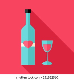 Alcohol bottle with glass with heart. Flat stylized object with long shadow