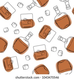 Alcohol bottle and glass vector seamless pattern. Silhouette rum and whiskey stylish texture. Repeating alcohol bottle seamless pattern background for menu isolated on white