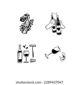 alcohol, a bottle and glass of wine, a corkscrew, a molotov cocktail, two bottles of beer. Black and white sketches, vector EPS 10