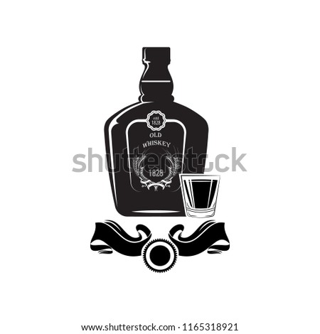 Alcohol Bottle Old Whiskey Drink Drinking Cocktail Bar Pub Bartender Vintage Glass. Vector.
