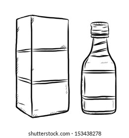 alcohol bottle and package box / cartoon vector and illustration, hand drawn, sketch style, isolated on white background.