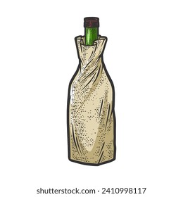 Alcohol bottle in paper bag sketch hand drawn color engraving vector illustration. T-shirt apparel print design. Scratch board imitation. Black and white hand drawn image.