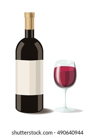 Alcohol. Bottle of red wine with a glass of wine. Vector illustration