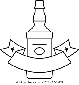 Alcohol bottle with ribbon scroll. Premium drink line emblem