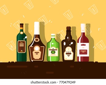 Alcohol bottle set. Brandy and wine, alcoholic beverages vector illustration