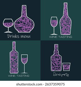 Alcohol bottle set, glasses, bottle outline silhouettes. Wine tasting, sommelier, wine list, whiskey, rum, brandy, wine bar poster design, chardonnay, cabernet