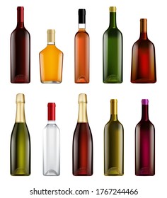 Juego de botellas de alcohol. Plantilla de botellas de alcohol vacías y realistas con un lugar para el diseño de etiquetas de marca. Conjunto de recipientes de vidrio vectorial para la ilustración de bebidas de barra alcohólica. Conjunto aislado sobre fondo blanco