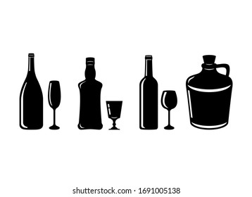 Alcohol bottle silhouette icon set vector. Different types of liquor bottles vector. Bottle and glass isolated on white background. Hard liquor icon. Hard alcohol silhouette vector