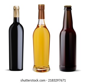 Alcohol bottle vector mockup, whisky, wine, beer glass template set. Brown beer bottle, ale,ipa or stout. Cognac alcohol beverage, spirit drink. Vintage red wine package illustration