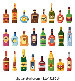 Alcohol Bottles. Alcoholic Liquor Drink Bottle With Vodka, Cognac And Liqueur. Whisky, Rum Tequila Gin Beer Vermouth Or Brandy Liquors Bottles On Bar Shelf, Spirit Alcoholism Isolated Flat Icons Set