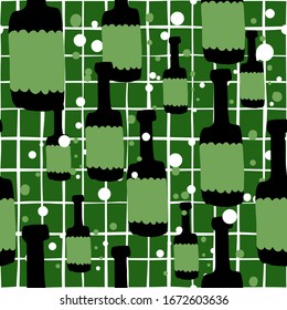 Alcohol bottles backdrop in hand drawn style. Doodle green glass bottle seamless pattern on stripes background. Design for fabric, textile print, wrapping paper, bar menu, cover.  Vector illustration