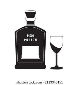 Alcohol Bottles Black Glyph Vector Icons Collection. Different Alcoholic Drinks With Names Set. Pisco, Vodka, Brandy, Absinthe Beverages. Bar Liquors, Booze Silhouette Illustrations Isolated On White.