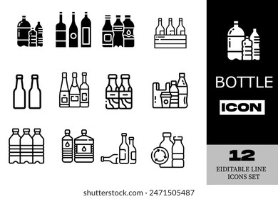 Alkoholflaschen schwarze Glyphe Vektor-Icons Kollektion. Verschiedene alkoholische Getränke mit Namen gesetzt. Gin, Wodka, Brandy, Absinthgetränke. Baralkohol, Schnaps Silhouette Illustrationen isoliert auf weiß
