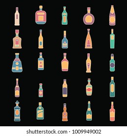 Alcohol bottles cartoon icons set. Vector illustration alcohol drinks in bottles isolated on black background. Object for advertising and web
