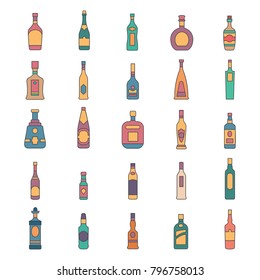 Alcohol bottles cartoon icons set. Vector illustration alcohol drinks in bottles. Object for advertising and web