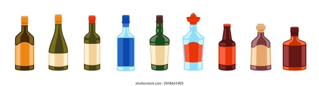 Alcohol bottles cartoon style. Alcohol beverages set.