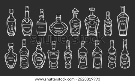 Alcohol bottles chalk outline set with vodka, whiskey, rum, gin, wine, beer, and more. Hand drawn white vector illustration on black for bar menu, decor, or vintage chalkboard design.